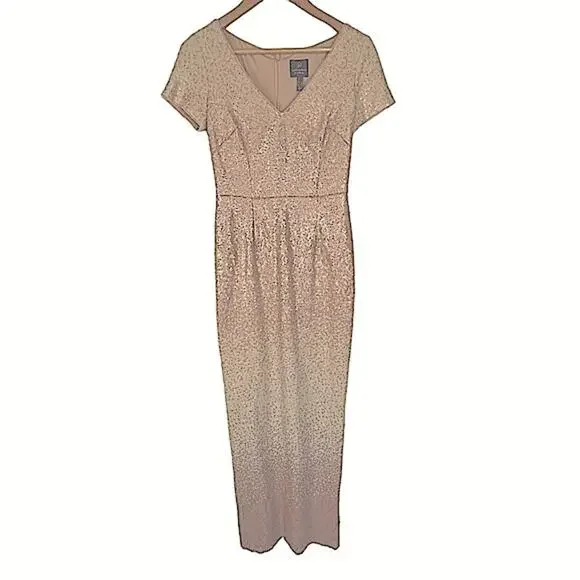 Adrianna Papell Ombre Sequin Gown Dress Blush Pink Short Sleeve V-Neck Size 2 - Picture 6 of 12